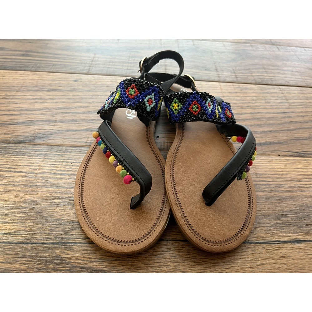 REFRESH Women's Boho Chic Beaded Sandals‎ Size 7 Black Slip-On Festival Beach